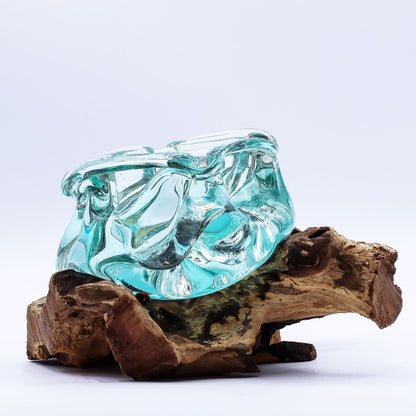 Molten Glass Chunky Ashtray / Candle Holder On Wood 23cm